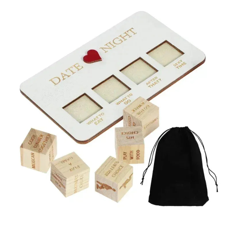 Wooden date night dice set for couples showing five dice, a rectangular planner board, and a black storage bag.