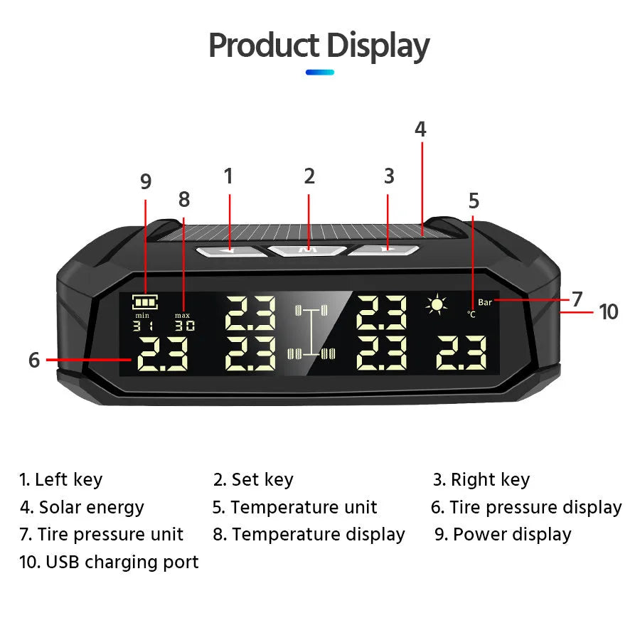 Solar-powered tyre pressure monitor with colour screen and six external sensors for trucks and RVs