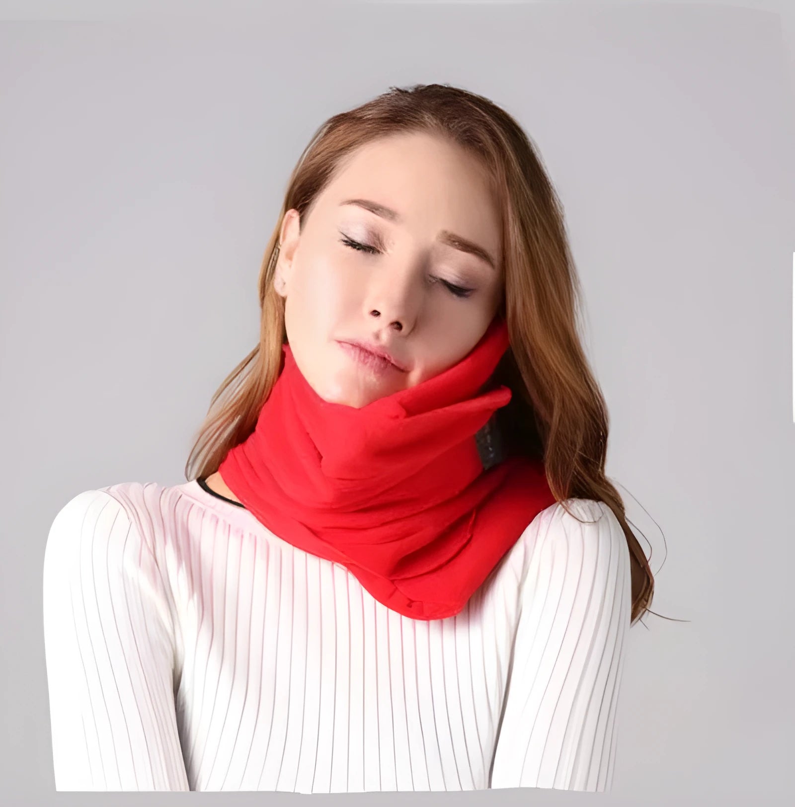 U-shaped convex neck support pillow and scarf in black, grey, navy, or red colours.