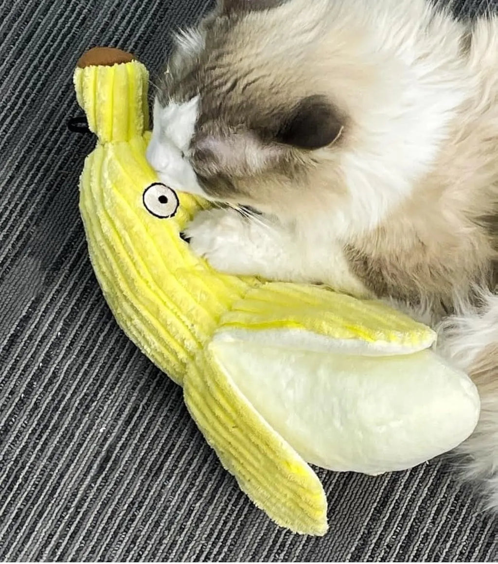 Yellow banana-shaped cat toy with crinkle paper and catnip for indoor play