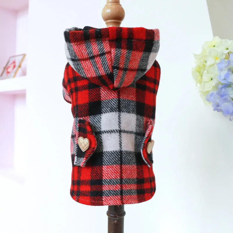 Red plaid dog trench coat for autumn and winter warmth in casual pet clothing style