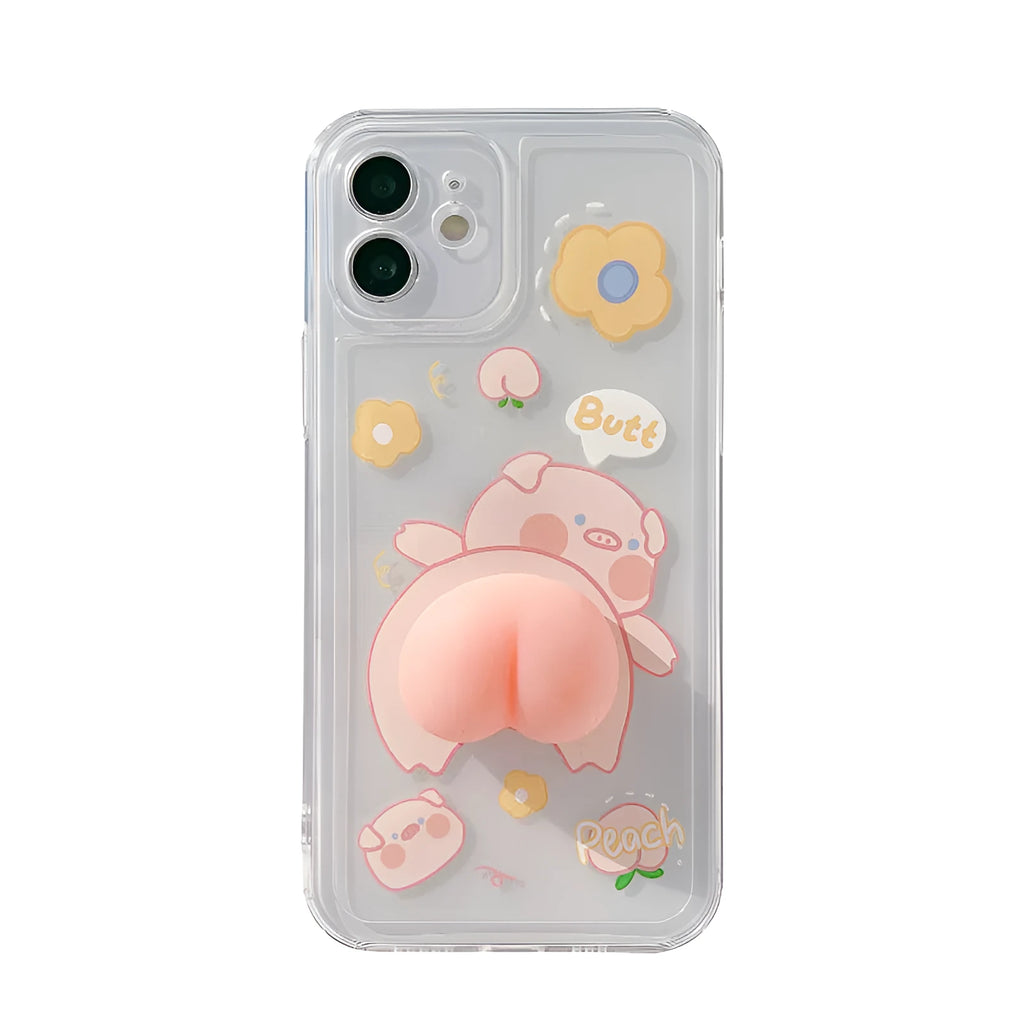 iPhone silicone case with 3D cartoon pig butt design on transparent TPU back
