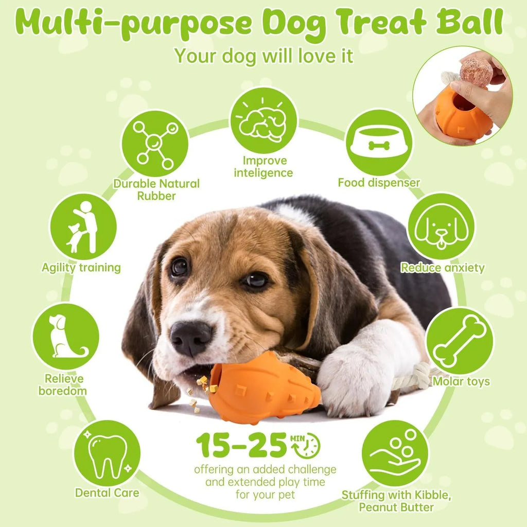 Natural rubber stuffable dog chew toy with a long strap for fetch, showing hollow treat-dispensing centre.