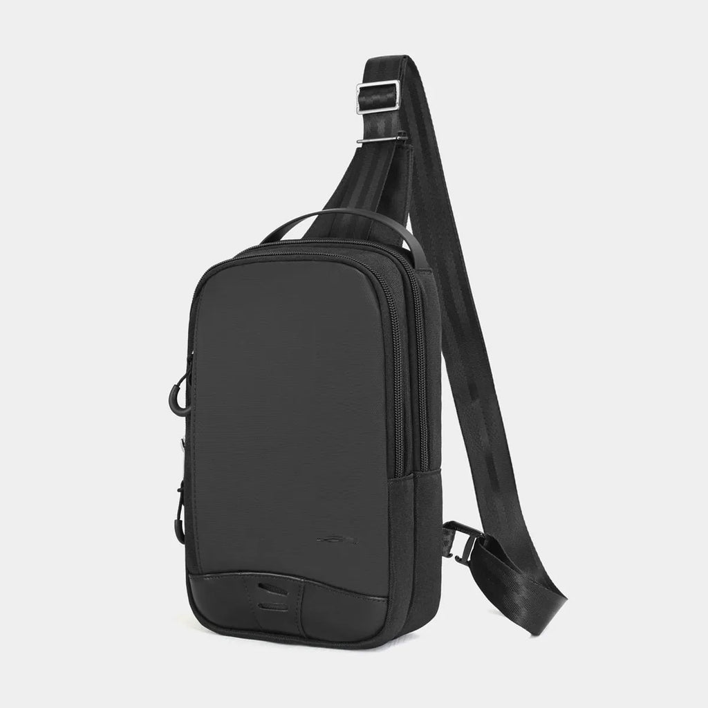 Casual black TPU camouflage chest bag with single shoulder strap and soft handle on a plain background.