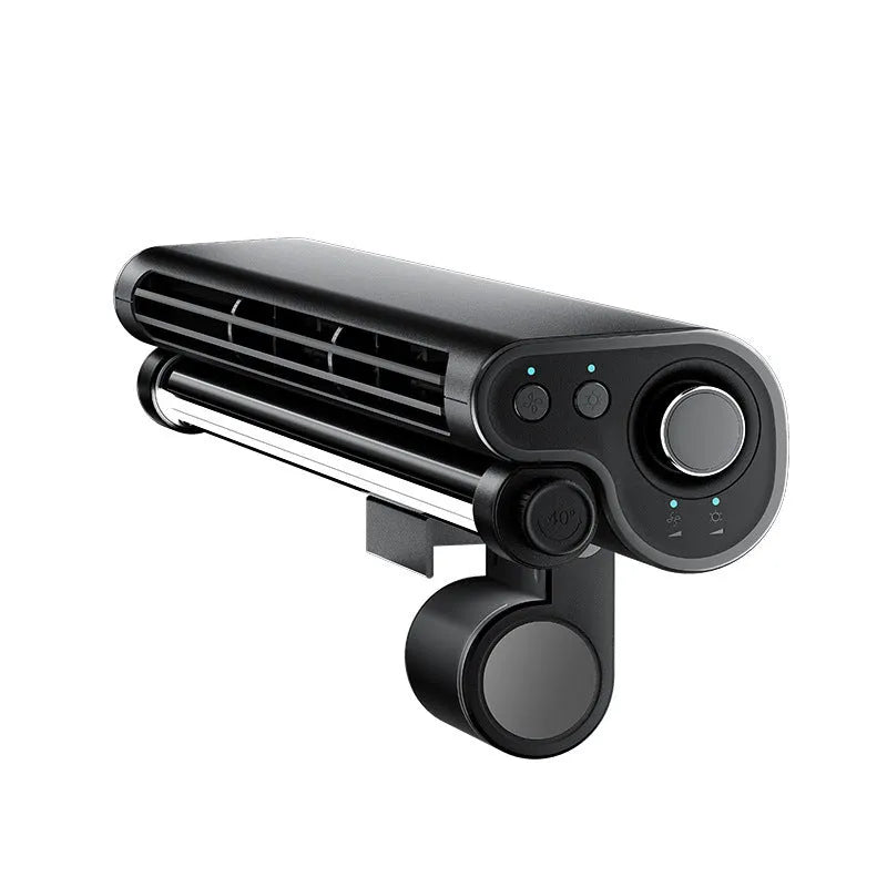 Black bladeless USB desk fan with clip attached to a laptop screen, showing integrated LED light.