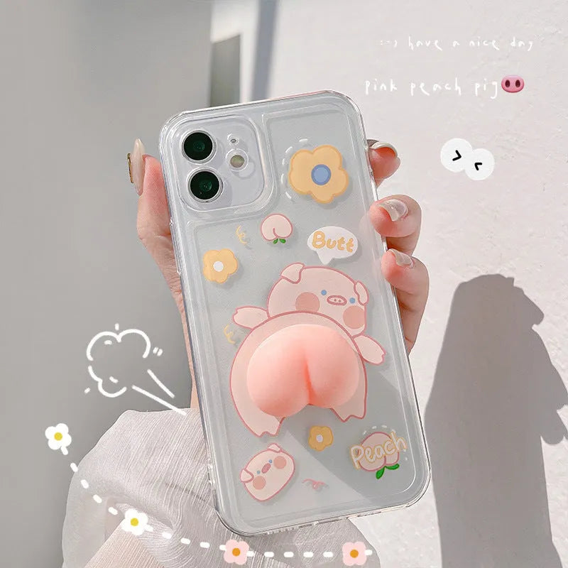 iPhone silicone case with 3D cartoon pig butt design on transparent TPU back