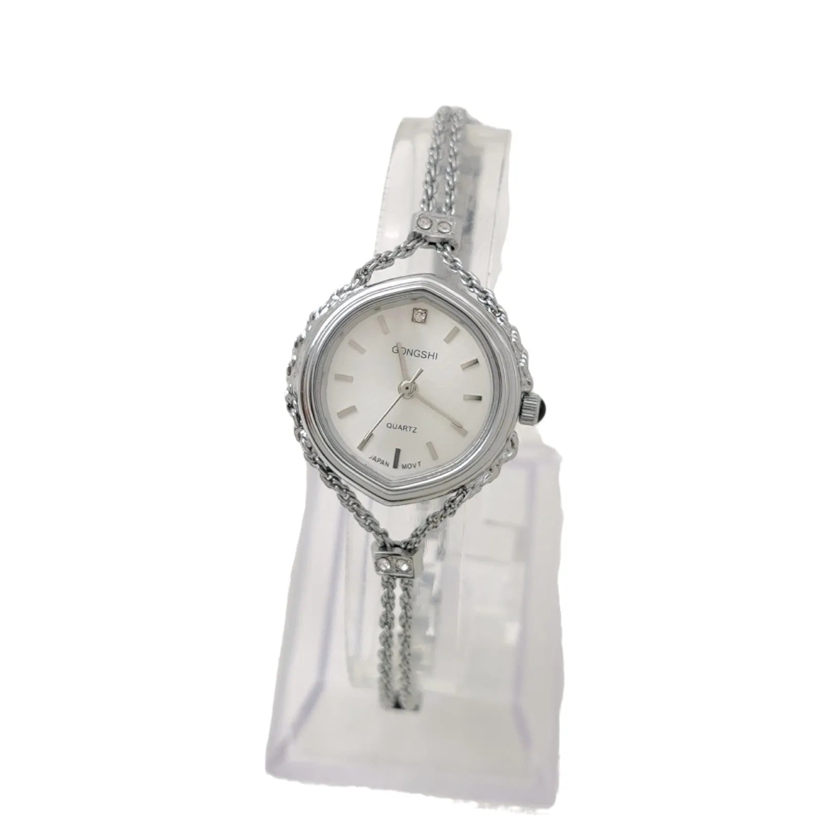 Women's Mori style quartz watch in gold or silver with a 25mm dial and chain strap.