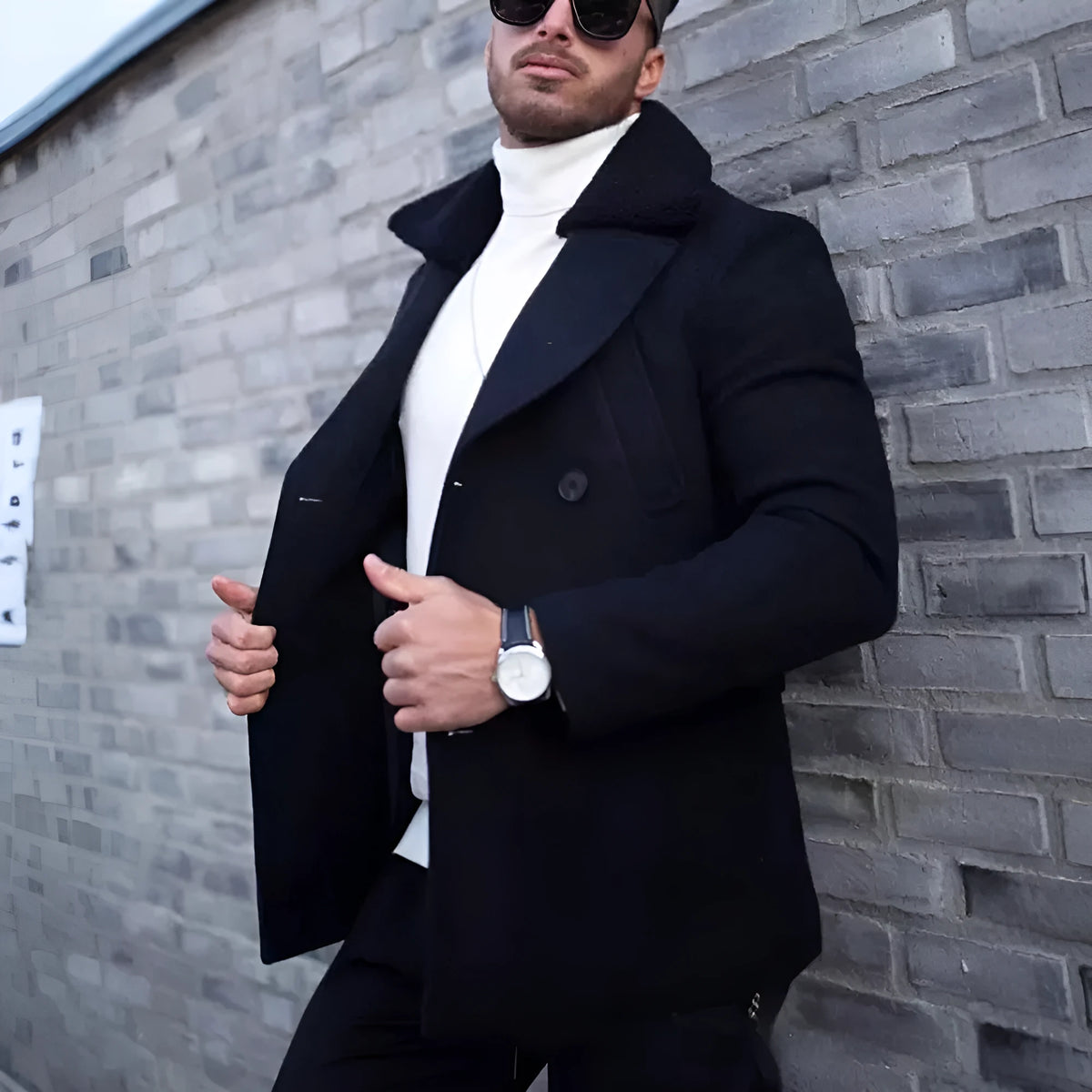 Men's fur collar woolen coat in black, thickened polyester, British style, sizes M to XXXL