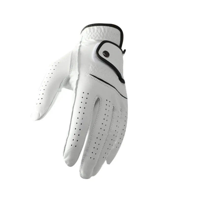Men's white golf glove with half sheepskin palm showing non-slip texture