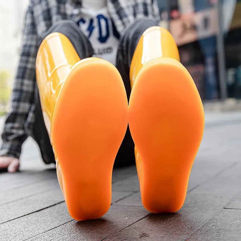 Men's white plastic rain boots with high tube design and flat heel