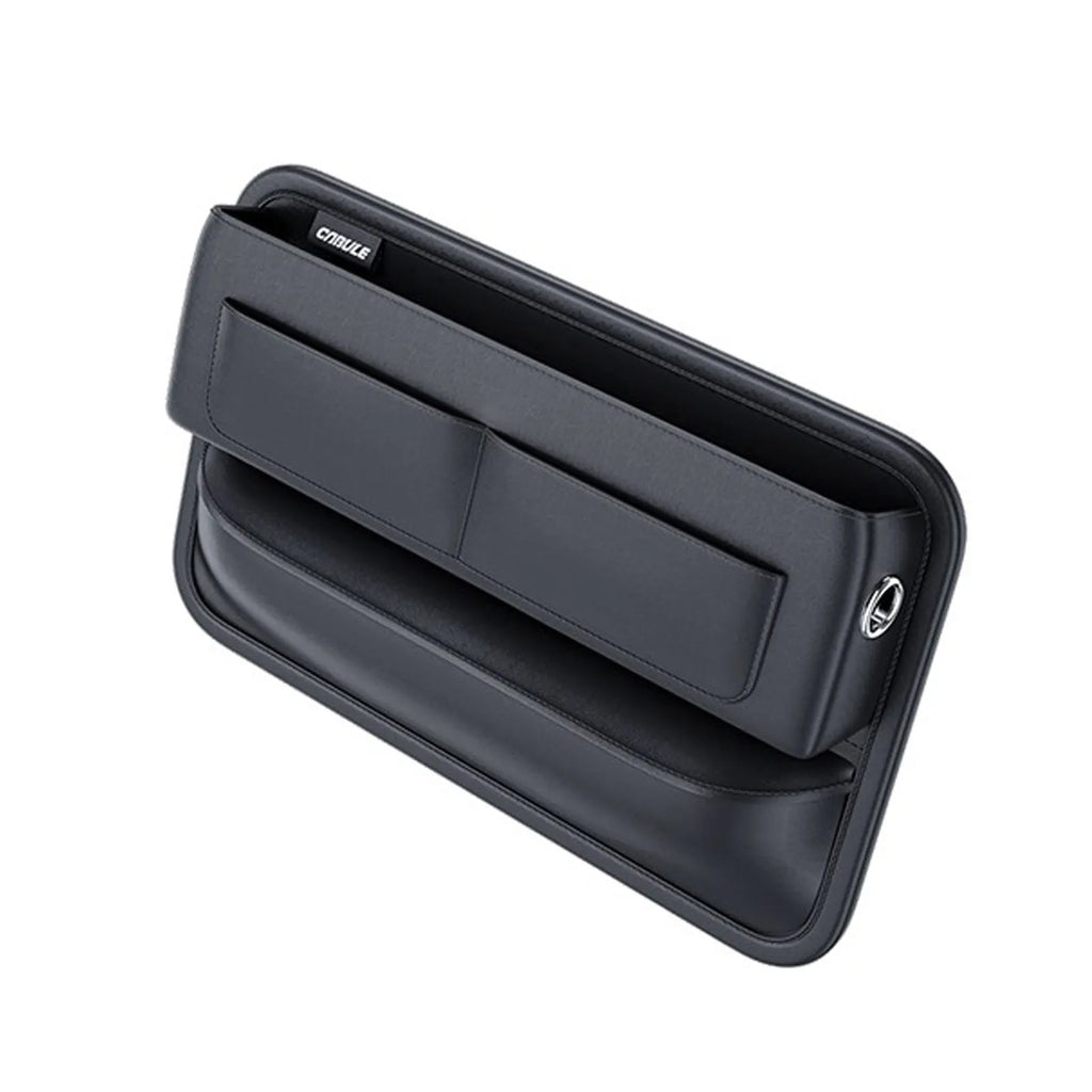 Black PU leather car seat gap storage organiser with data cable hole, placed between seat and central console