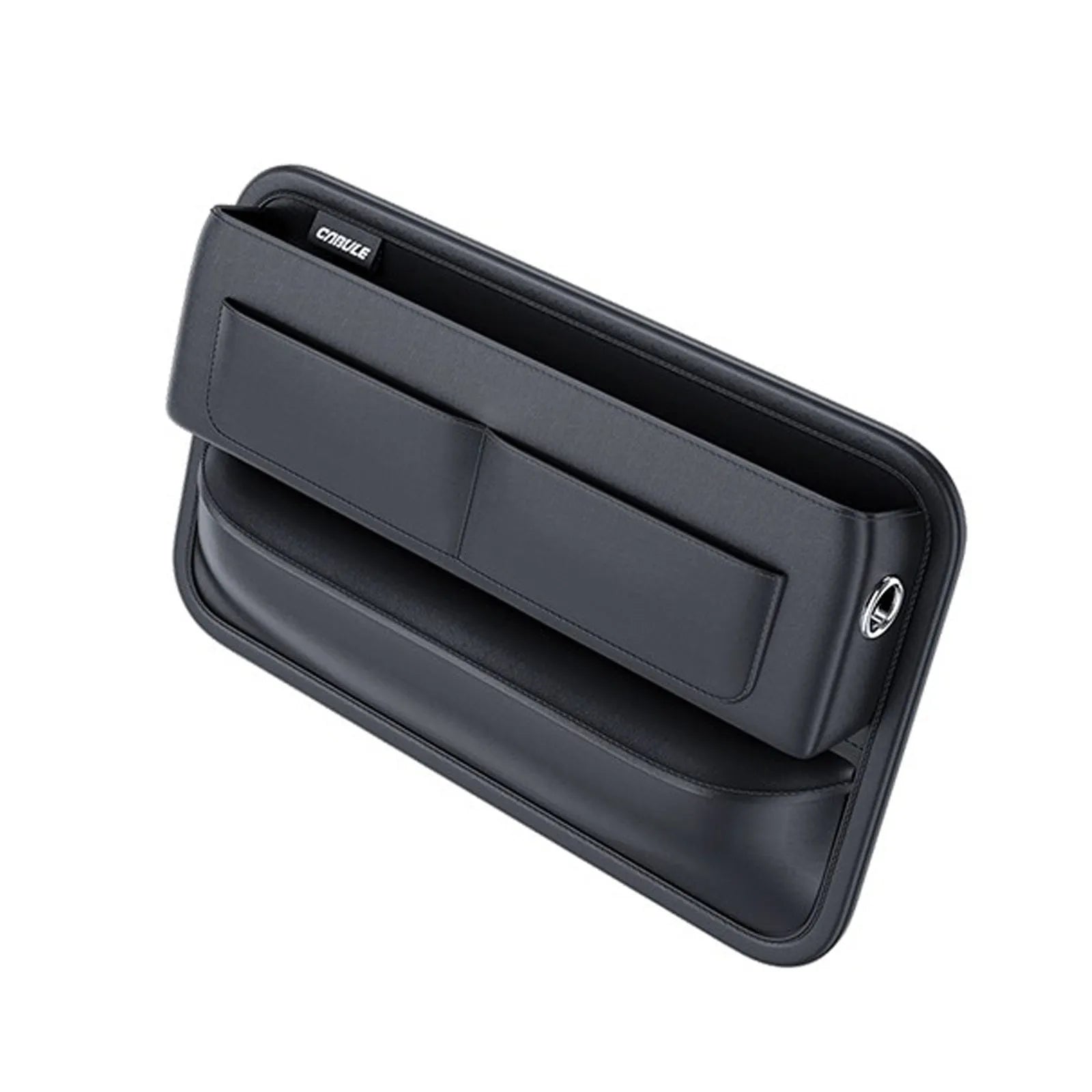 Black PU leather car seat gap storage organiser with data cable hole, placed between seat and central console
