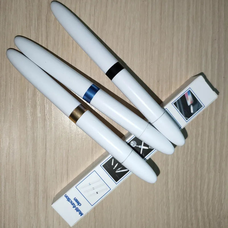 Multi-layer electronics cleaning pen with stainless steel nib and brush for headphones and mobile devices
