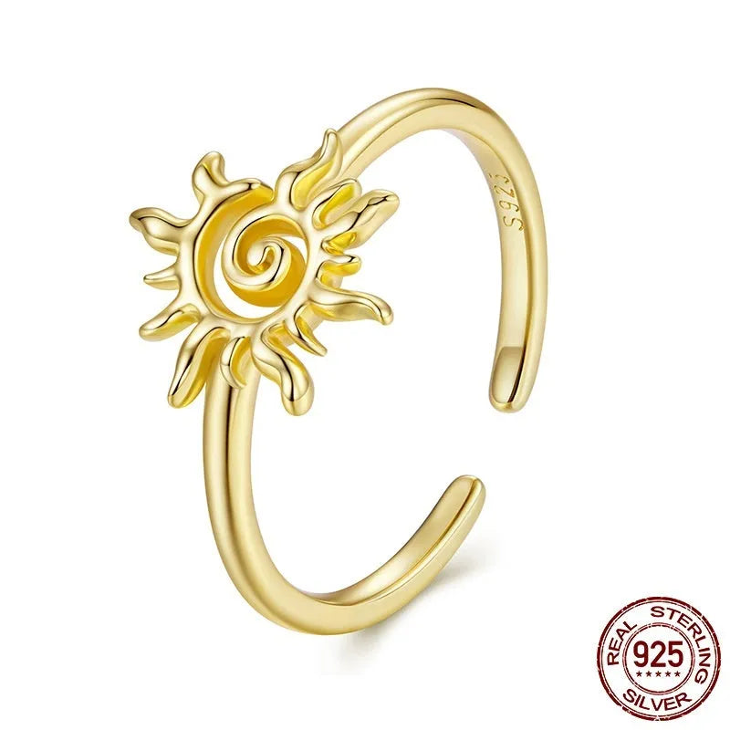 S925 sterling silver 14K gold plated sun open ring for women, adjustable size, BSR709-E finish