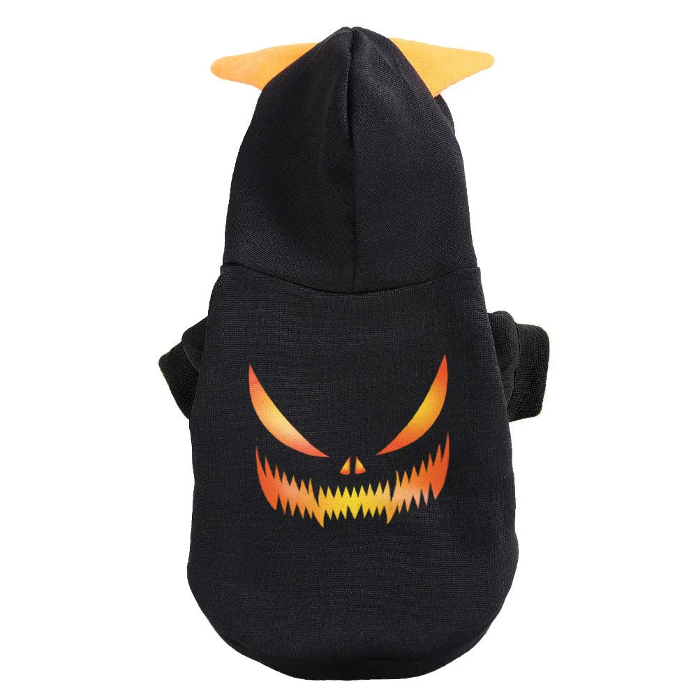 Halloween pumpkin flannel dog sweater in yellow on a small dog with orange pumpkin pattern