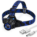 Blue aluminium alloy rechargeable LED headlamp with headband and focusing XPG light