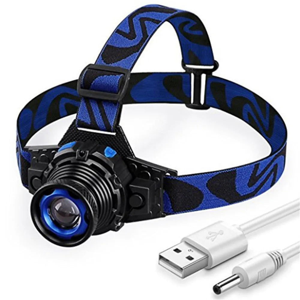 Blue aluminium alloy rechargeable LED headlamp with headband and focusing XPG light