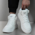 Men's white microfiber leather casual shoes with round toe design on neutral background
