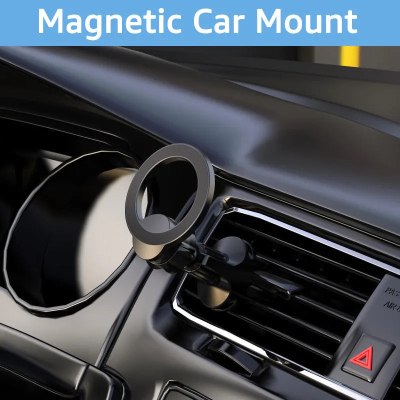 Black magnetic car air vent phone holder with O-ring for phones under 6.8 inches.