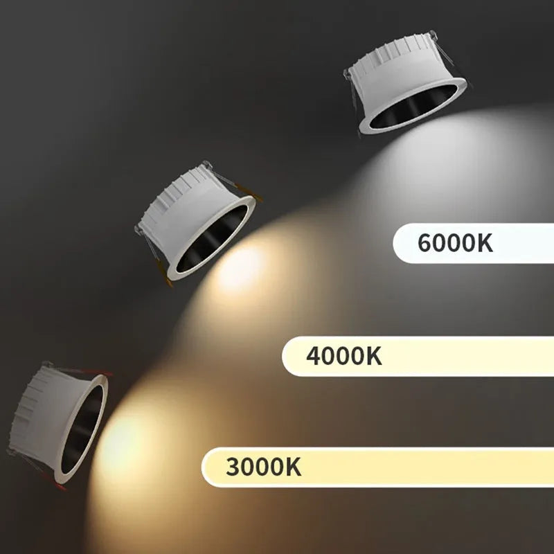 Embedded aluminium downlight ceiling light in white trim, 75mm hole 7W model