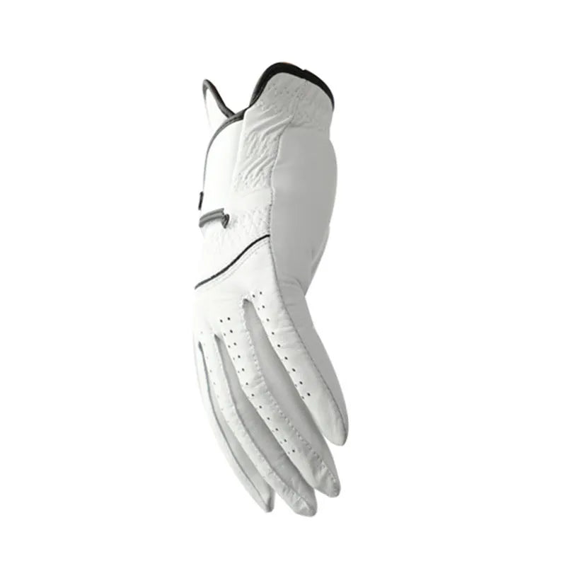 Men's white golf glove with half sheepskin palm showing non-slip texture