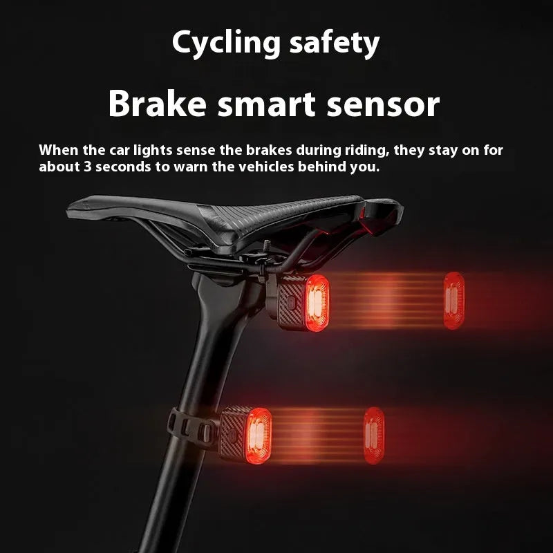 Black smart bicycle taillight with intelligent induction stop lamp mounted on bike frame