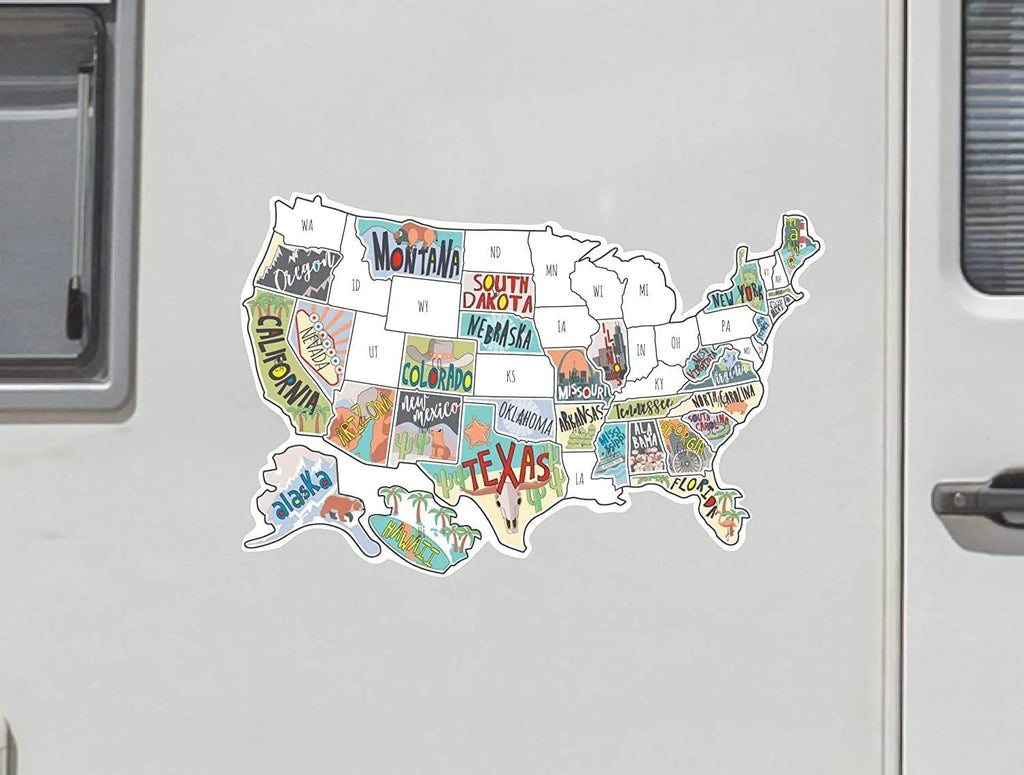 Travel-themed car sticker set showing world map design and separate letter stickers on a white background sheet.