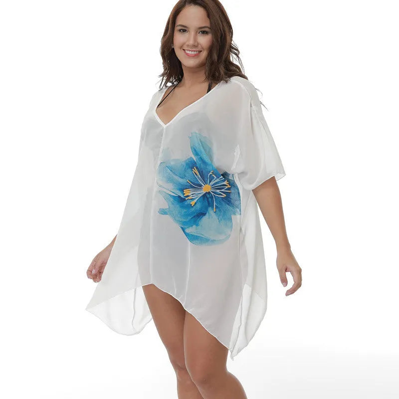 White plus size beach cover-up blouse with loose fit for swimming sun protection