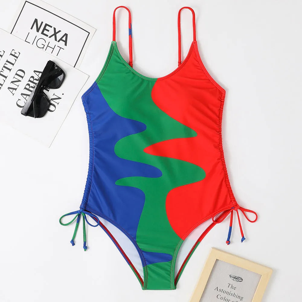 Women's blue one-piece sleeveless swimsuit with a backless design for swimming sports.