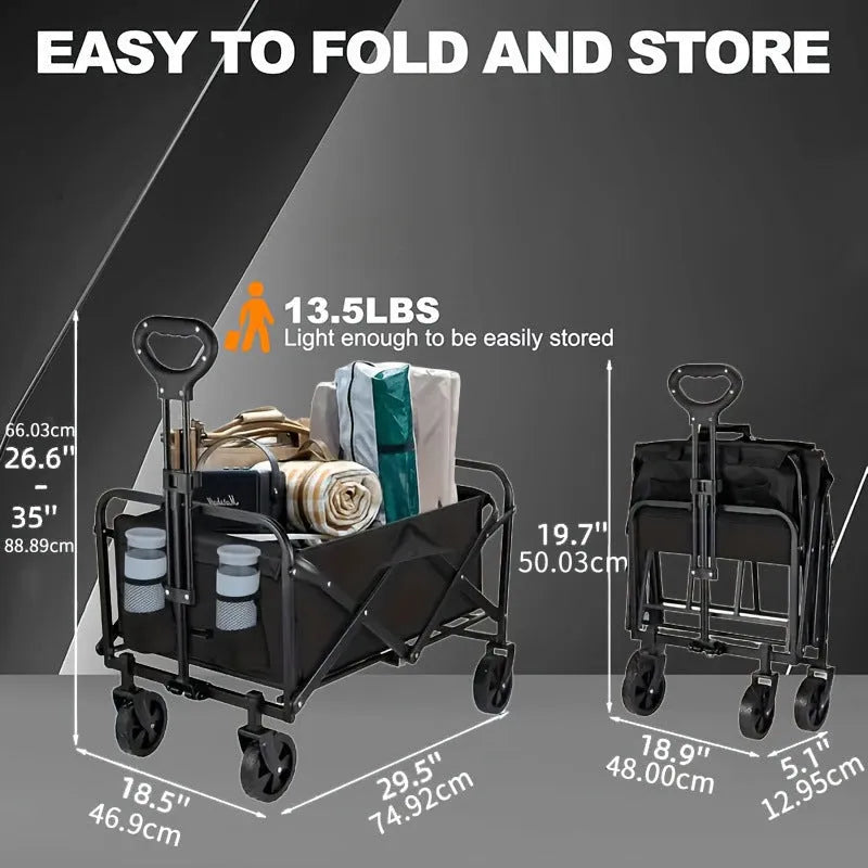 Heavy-duty foldable metal garden wagon cart with a storage box, shown in a collapsed and unfolded state.