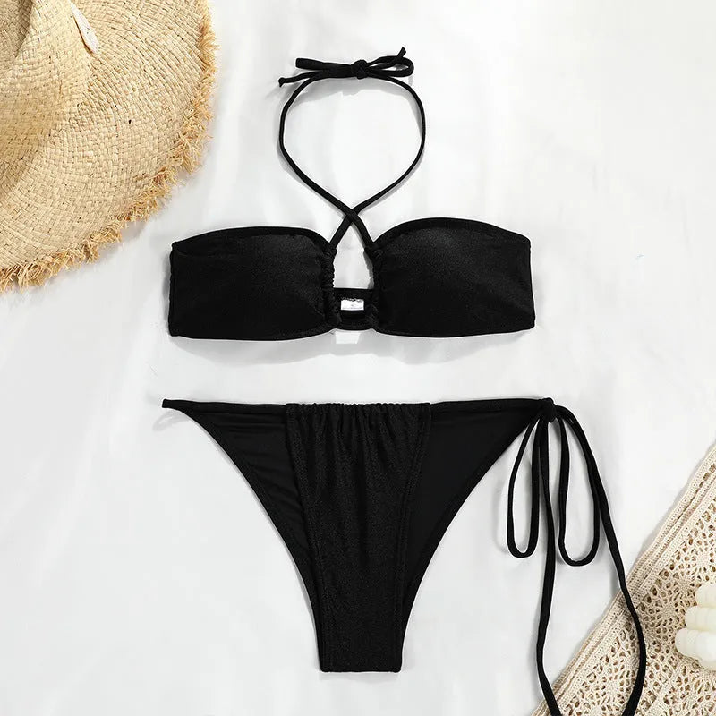 Women's nylon tube top banded bikini set in solid colour, available in black, white, red printed, coffee bottom white