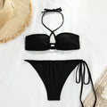 Women's nylon tube top banded bikini set in solid colour, available in black, white, red printed, coffee bottom white