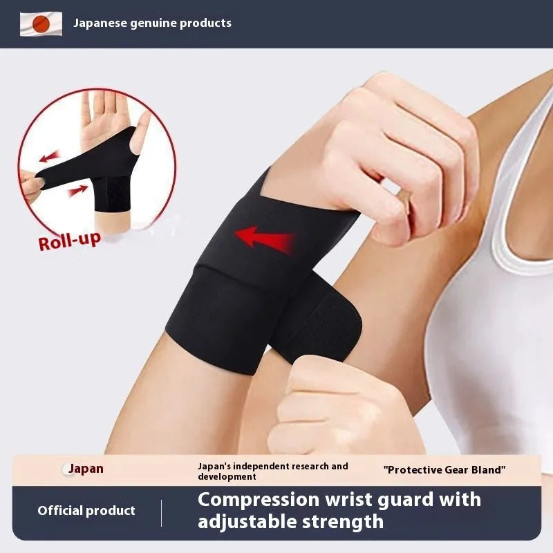 Adjustable black athletic wristguard shown on a wrist, suitable for sports like tennis and badminton.