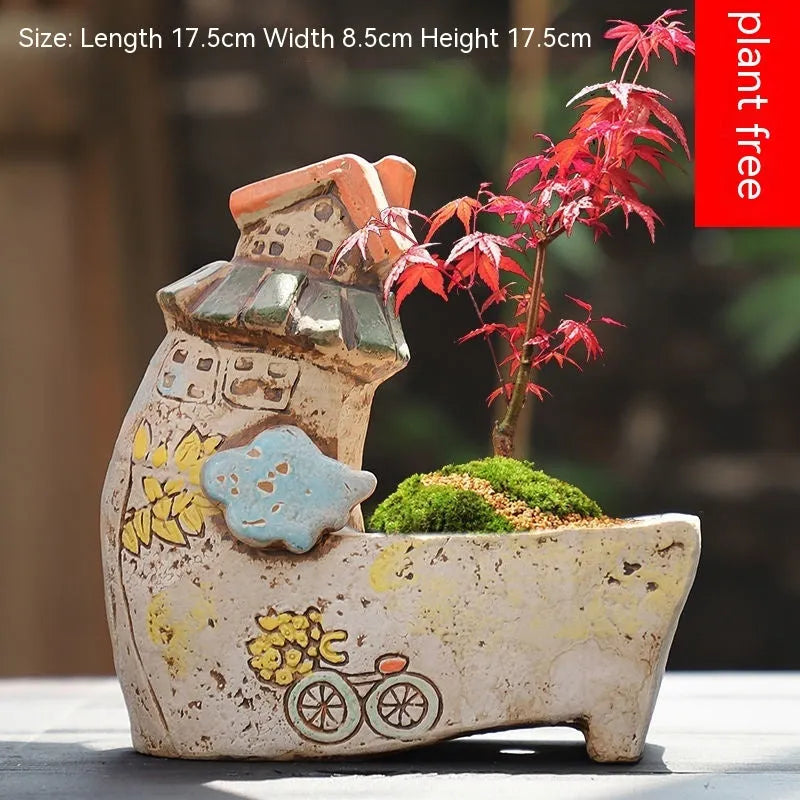 Hand-painted ceramic large caliber flower pot with cute pastoral design