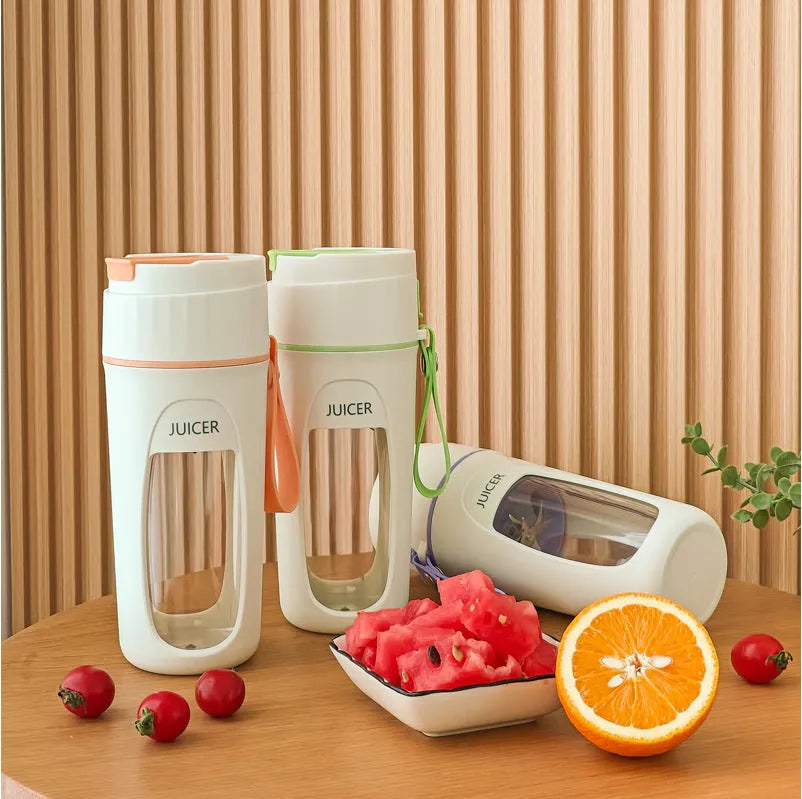 Portable USB rechargeable blender and juicer cup with borosilicate glass liner in fresh orange colour