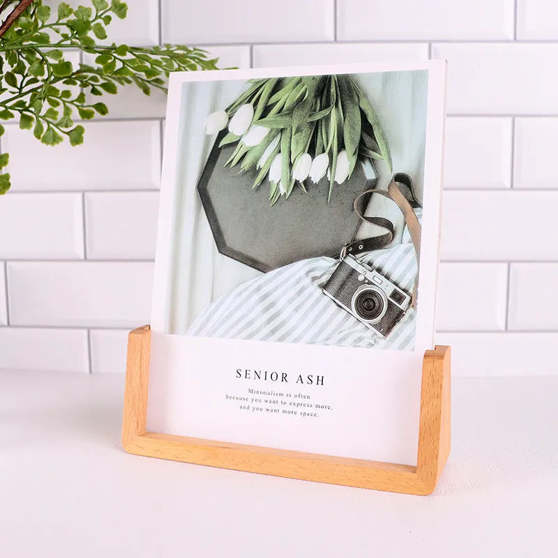Wooden U-shaped luminous acrylic rack photo frame desk calendar lamp holder with warm light and beech wood base