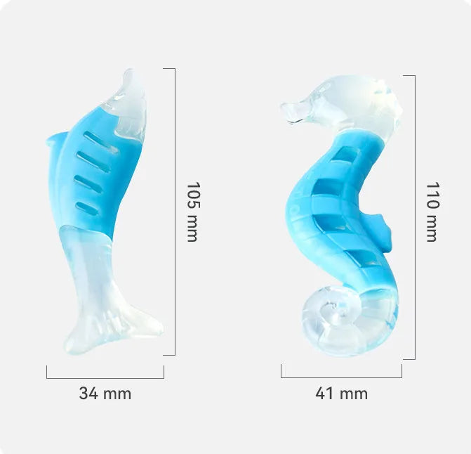 PU nylon dog chew toy combination set showing seahorse and tuna designs with squeakers