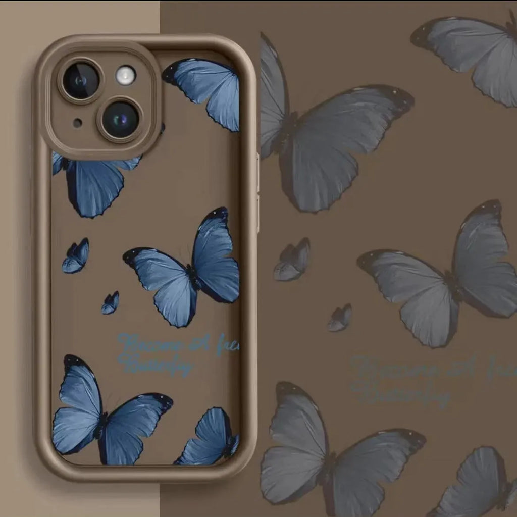 Blue butterfly printed edge drop-resistant TPU phone case for Apple iPhone in black