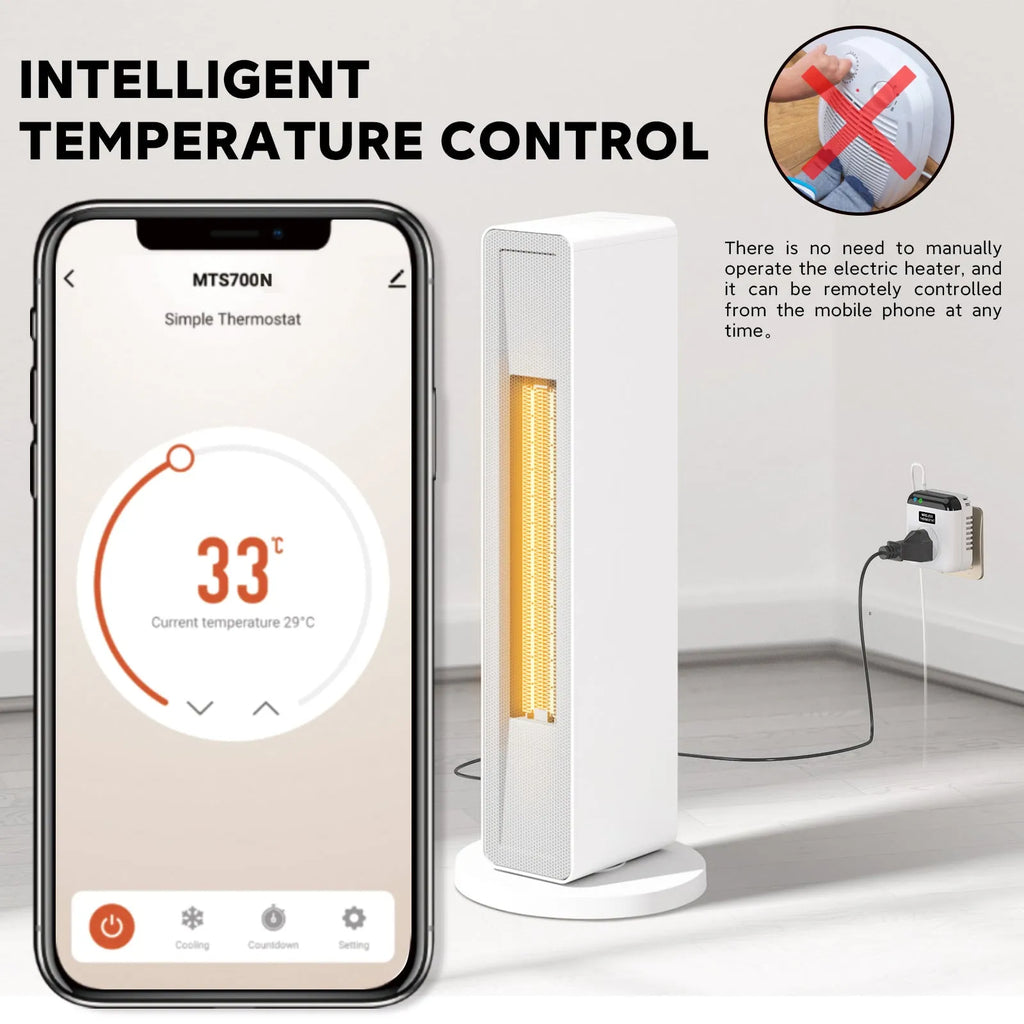 White smart socket with EU plug showing voice control and thermostatic timer functions