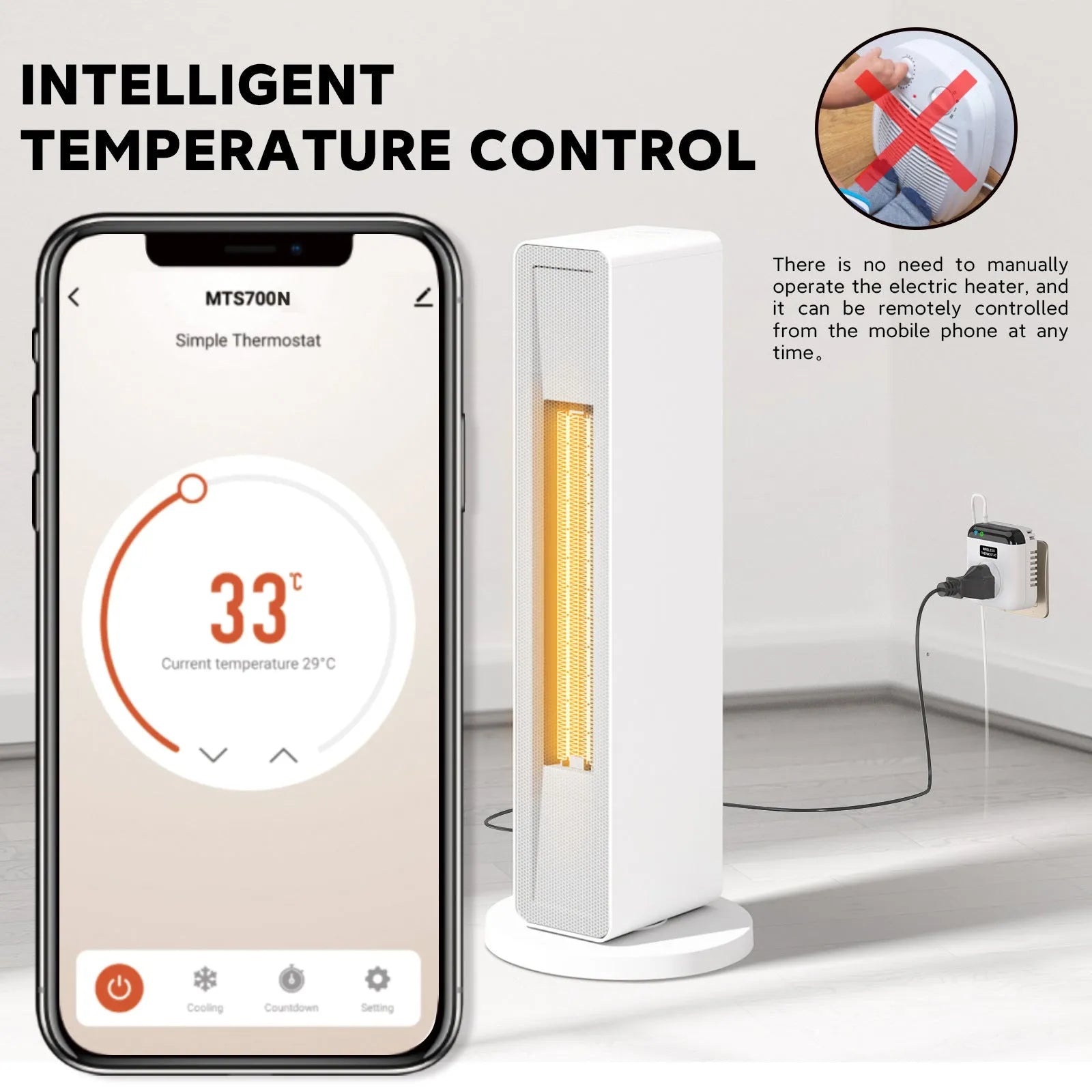 White smart socket with EU plug showing voice control and thermostatic timer functions