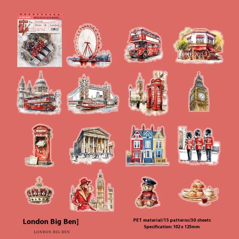 Retro-style travel sticker sheet featuring six landmark designs: Bangkok Grand Palace, London Big Ben, Maldives, Paris Arc de Triomphe, Rome Trevi Fountain, Zurich.