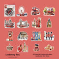 Retro-style travel sticker sheet featuring six landmark designs: Bangkok Grand Palace, London Big Ben, Maldives, Paris Arc de Triomphe, Rome Trevi Fountain, Zurich.