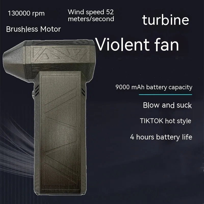 Iron grey cordless turbo fan air duster with brushless motor, shown in handheld use.