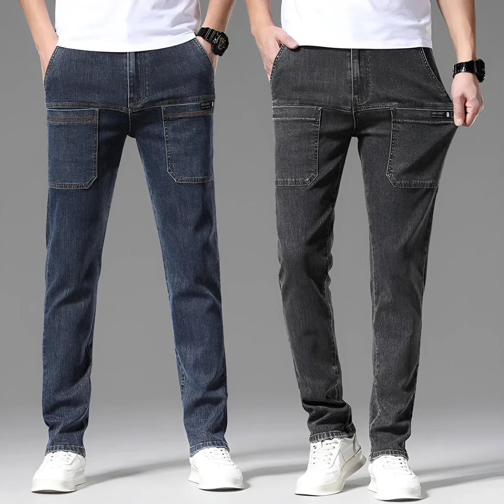 Men's straight-leg multi-pocket denim jeans in black, dark blue, and light blue colours, sizes 28 to 38