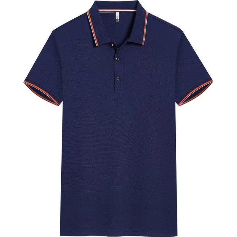Men's slim fit short sleeve cotton blend t-shirt on a hanger, shown in multiple colour options.