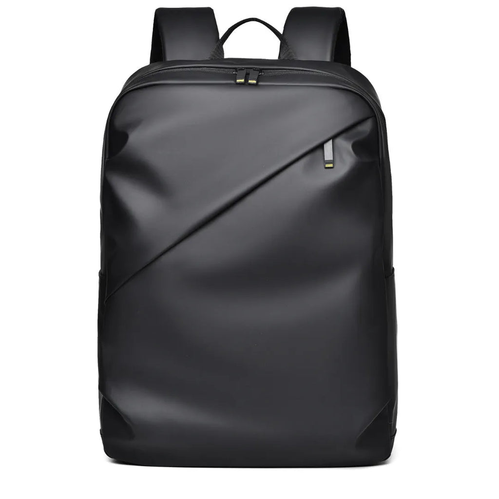 Large waterproof PU leather backpack for men in black, shown with computer compartment