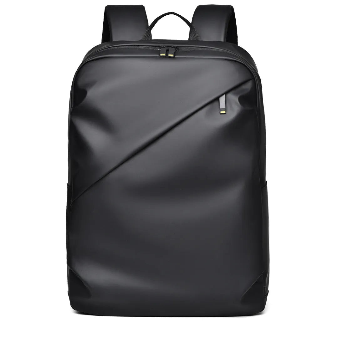 Large waterproof PU leather backpack for men in black, shown with computer compartment
