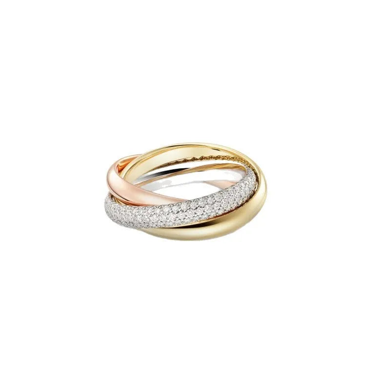 A geometric U-shaped silver couple ring fully set with diamonds on a black background.