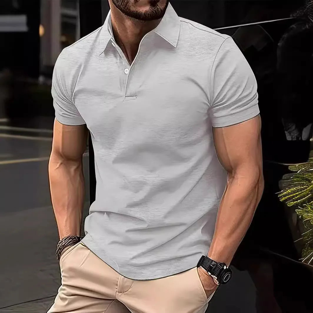 Men's slim fit solid colour short sleeve button shirt in a cotton mix fabric.
