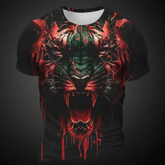 Men's short sleeve T-shirt showing detailed 3D tiger pattern digital printed on light grey bird eye polyester fabric
